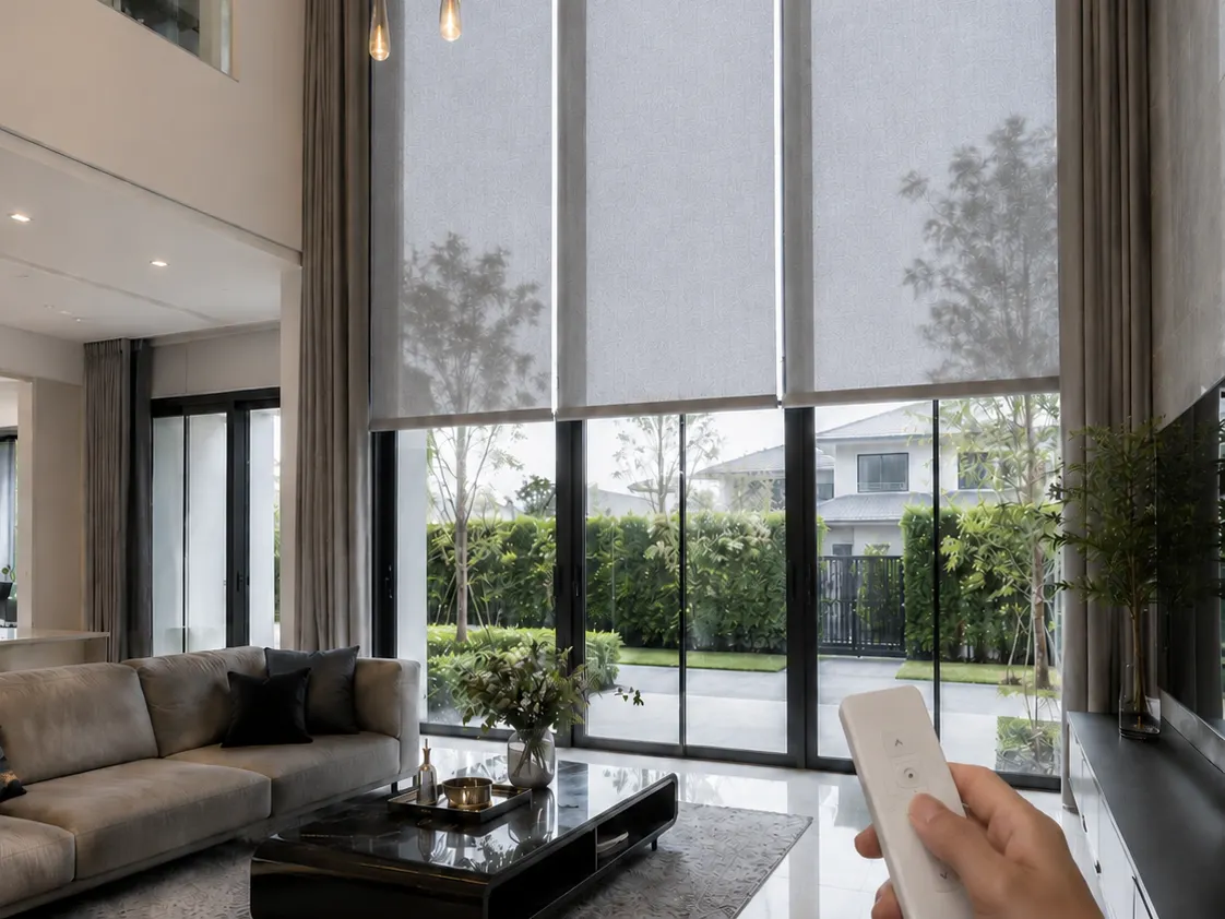 Motorized roller blinds, double-height living room