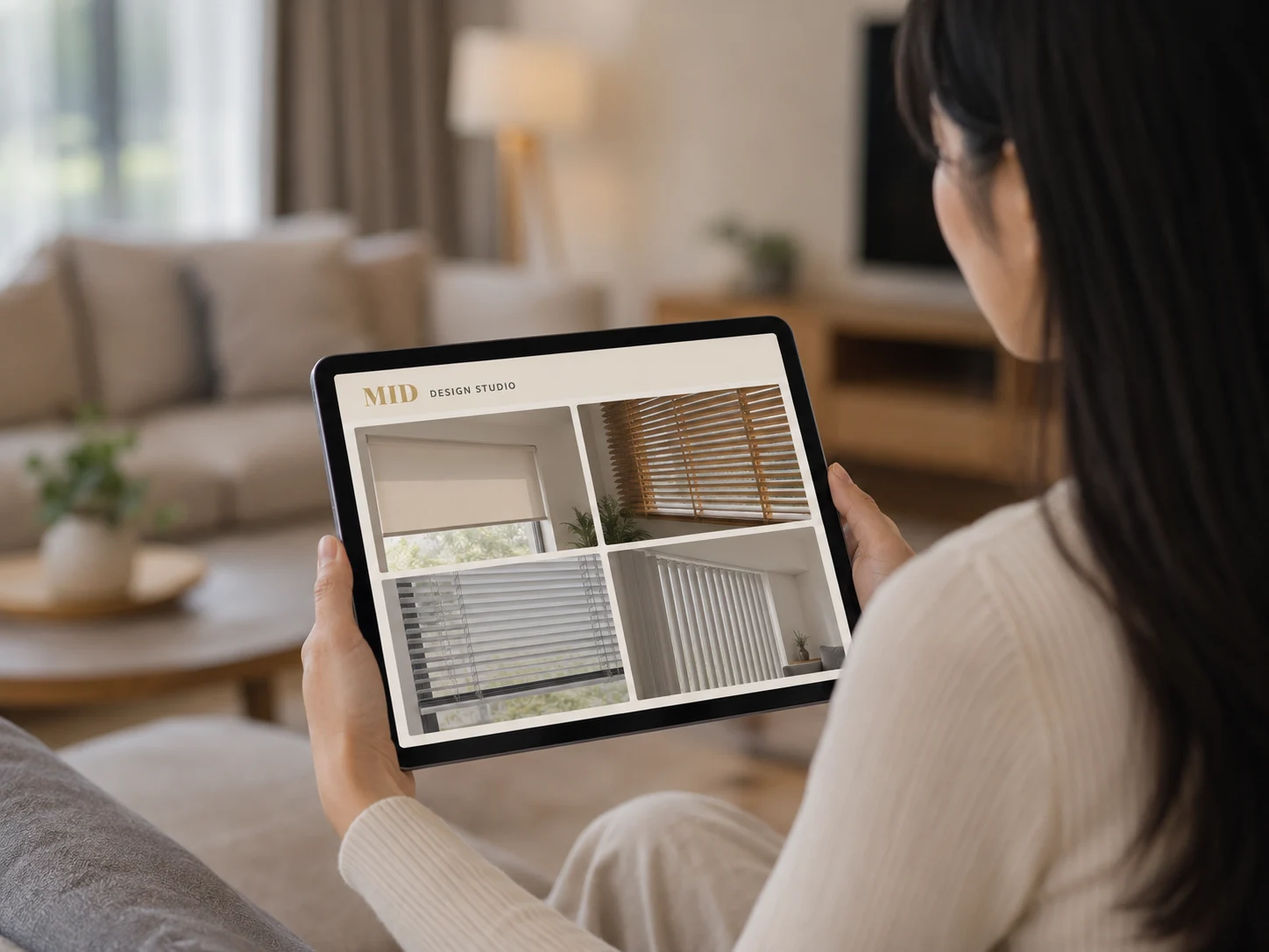 Woman browsing blinds style options on a tablet