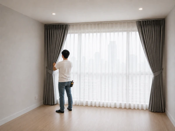 Installer hanging finished curtains in a living room