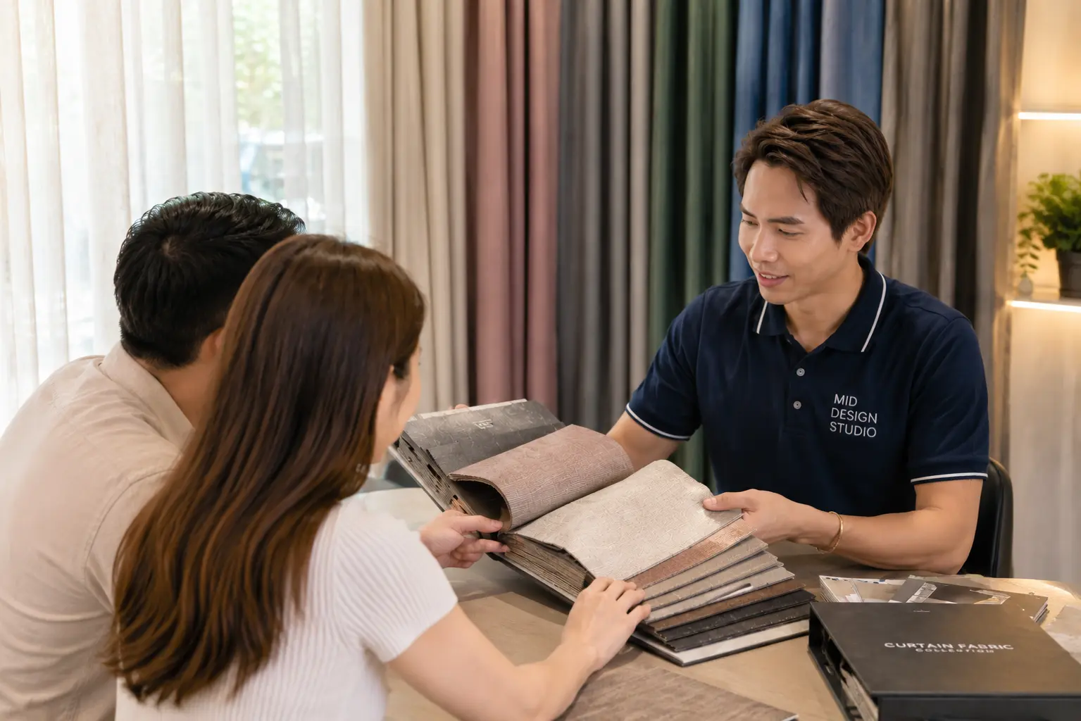 Fabric samples in various colors and textures