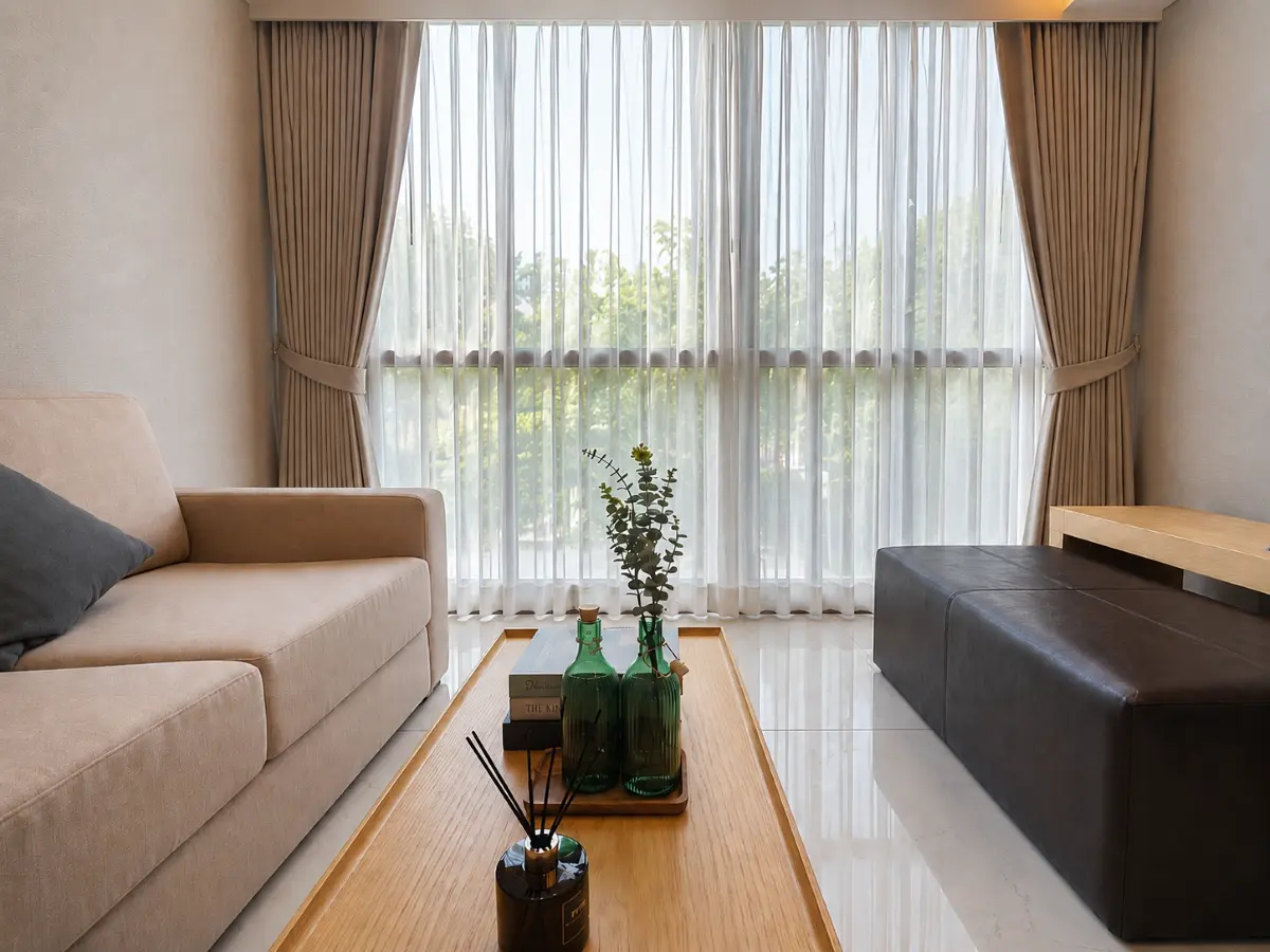Sheer curtains with tiebacks, living room