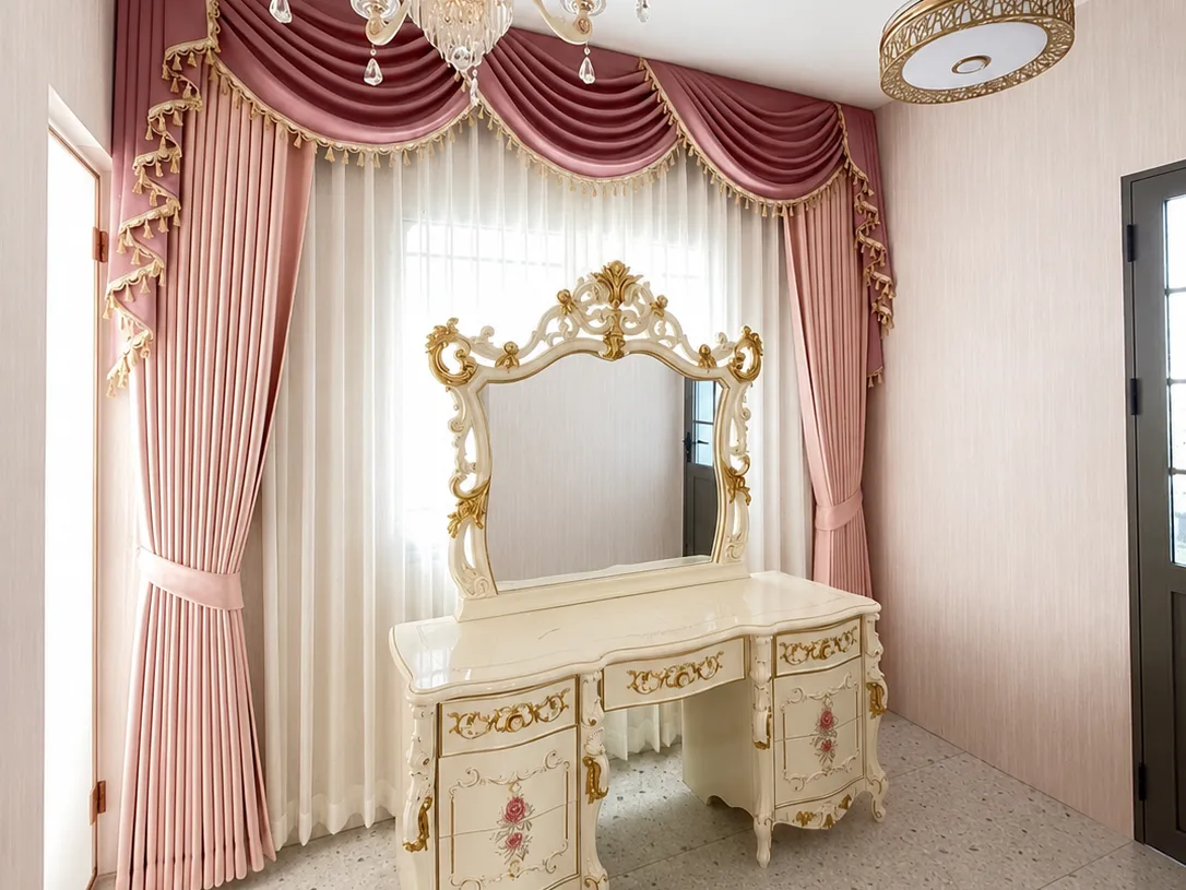 Louis-style curtains with swag valance in a pink dressing room