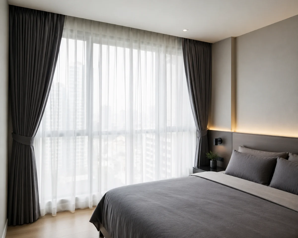Blackout curtains with sheer layer, bedroom
