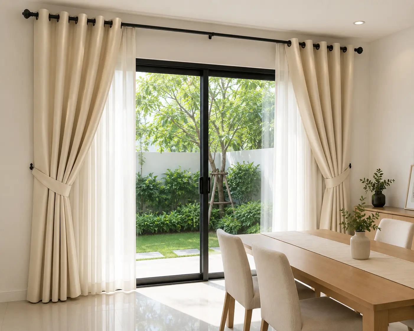 Eyelet curtains with metal grommets in a living room