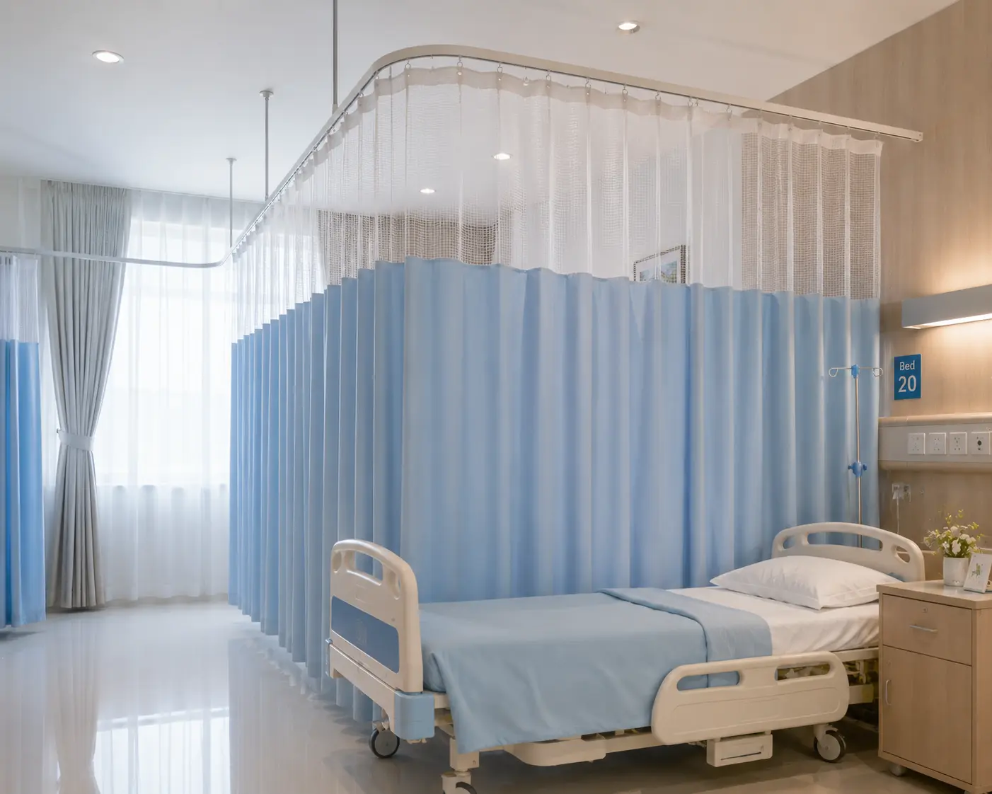 Hospital-style track curtains dividing a ward space