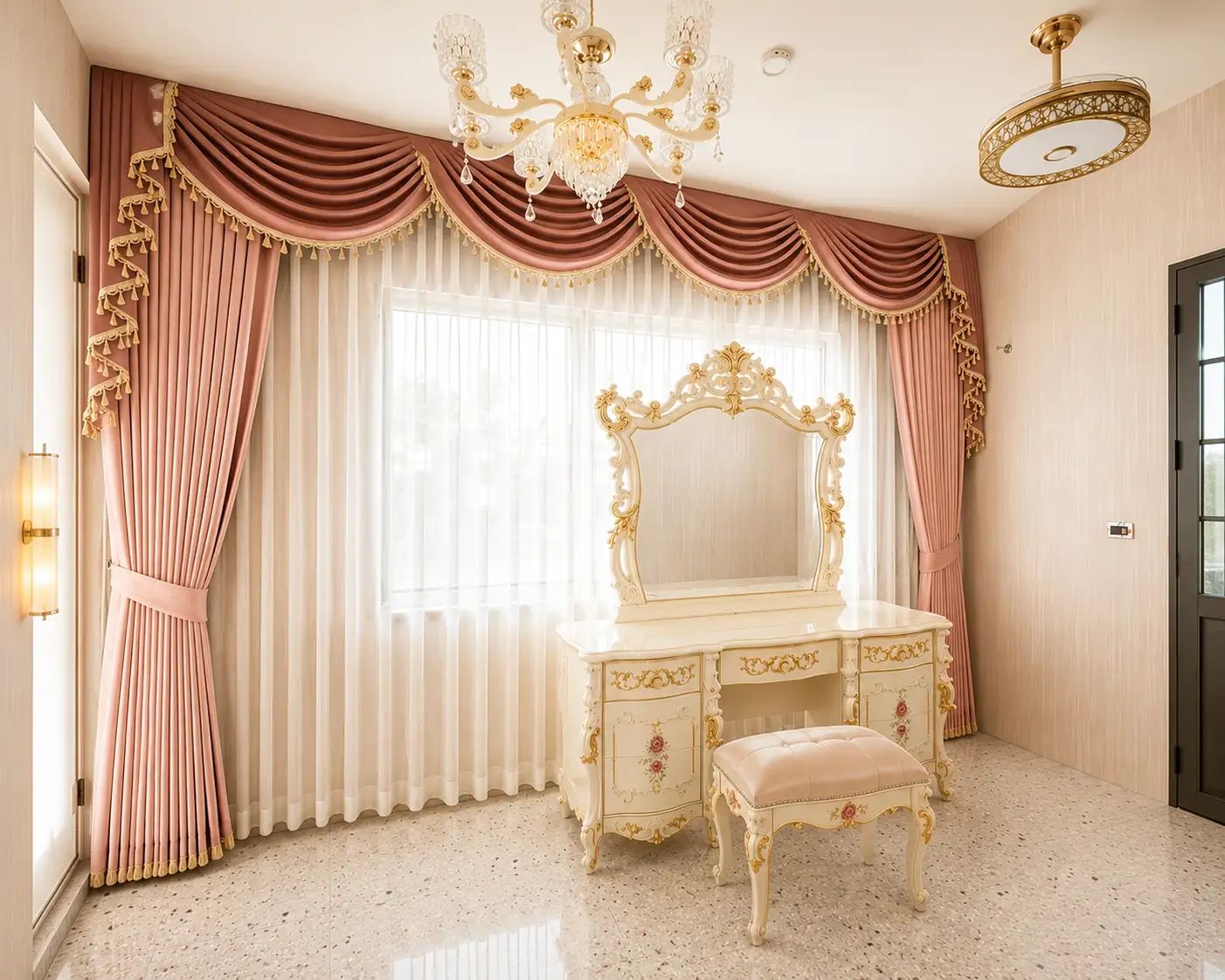 Louis-style classic curtains with ornate pleated header