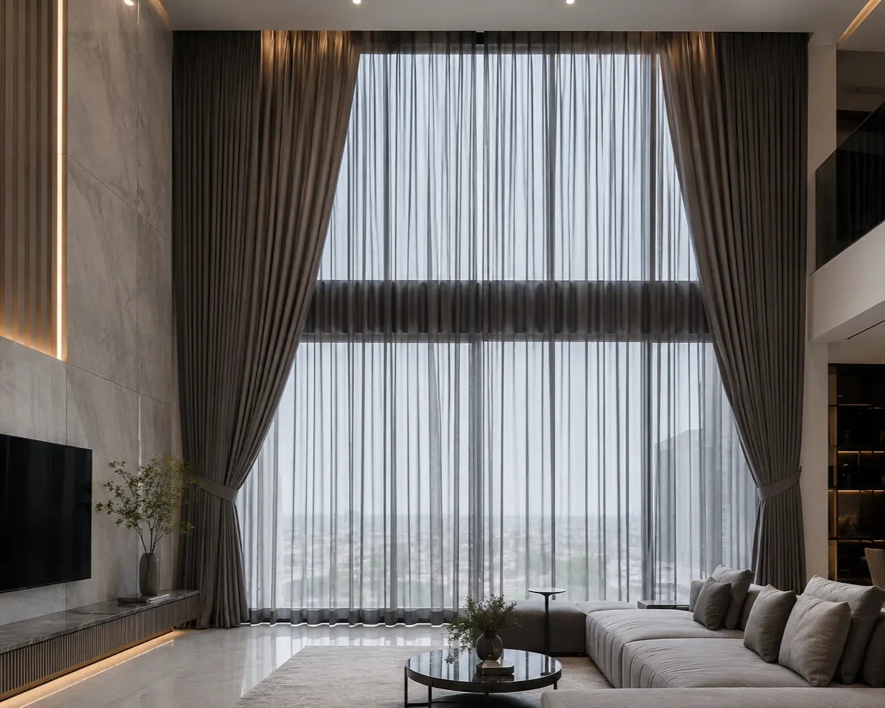 Pleated curtains with neat, even folds in a living room