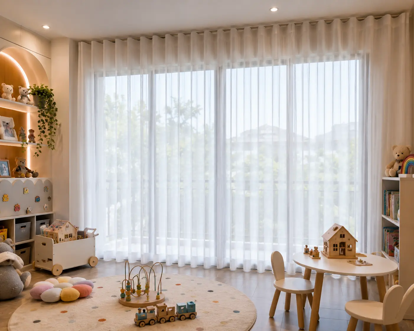 Sheer curtains letting soft natural light into a room