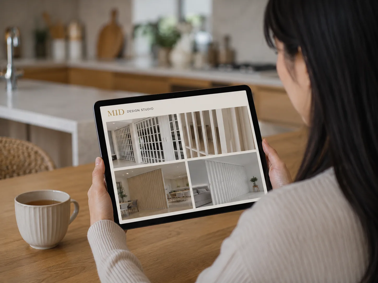 Woman browsing blinds style options on a tablet