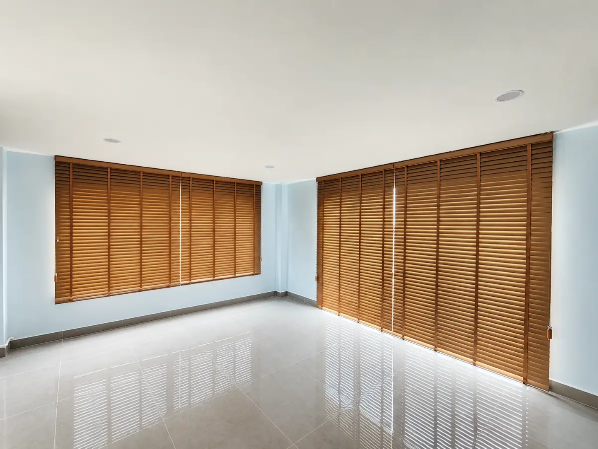 Empty room corner with wide wood venetian blinds covering two walls of windows, dark wood flooring