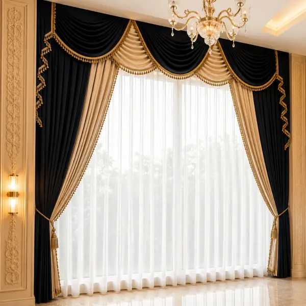 Grand room with black and gold swag valance curtains on two tall windows, tassel tiebacks, and crystal chandeliers