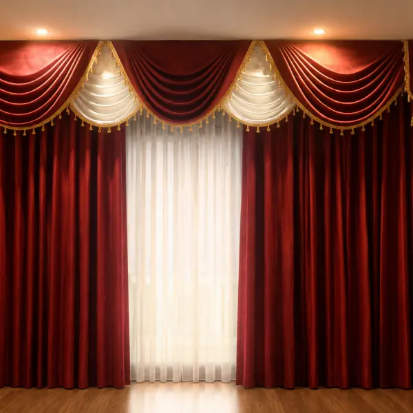 Burgundy velvet swag valance curtain with gold tassel trim over sheer curtains