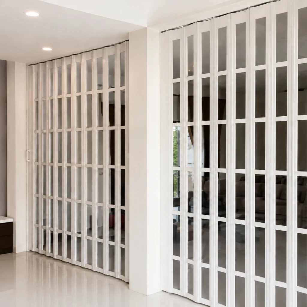 White accordion room dividers with clear glass panels folded open along a hallway, separating it from a living room beyond