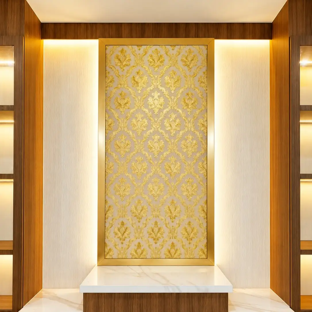 Gold damask wallpaper panel framed in brass trim between wood-paneled display shelves
