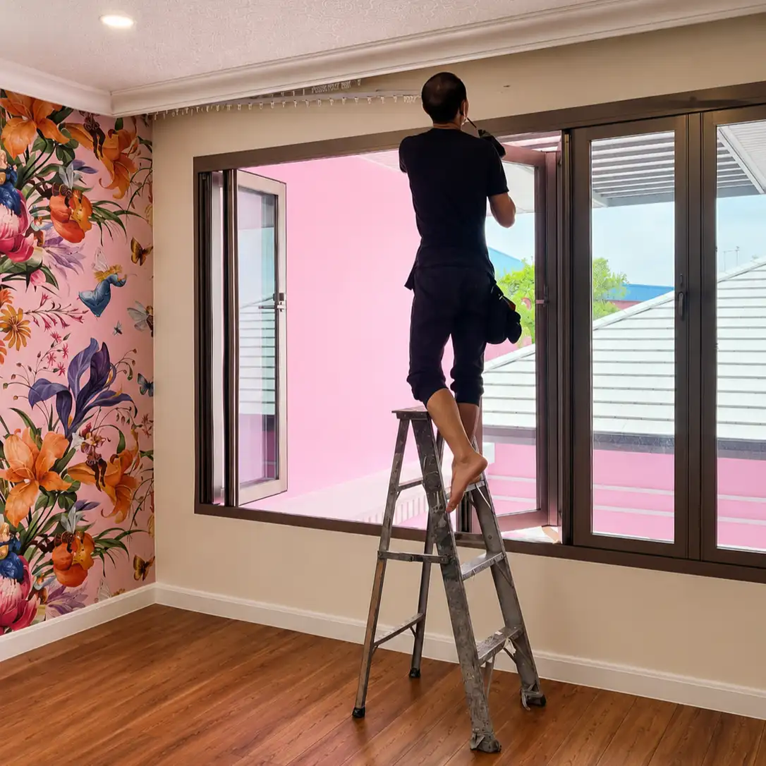 Technician on a ladder installing curtain track above a window beside pink floral wallpaper with butterflies