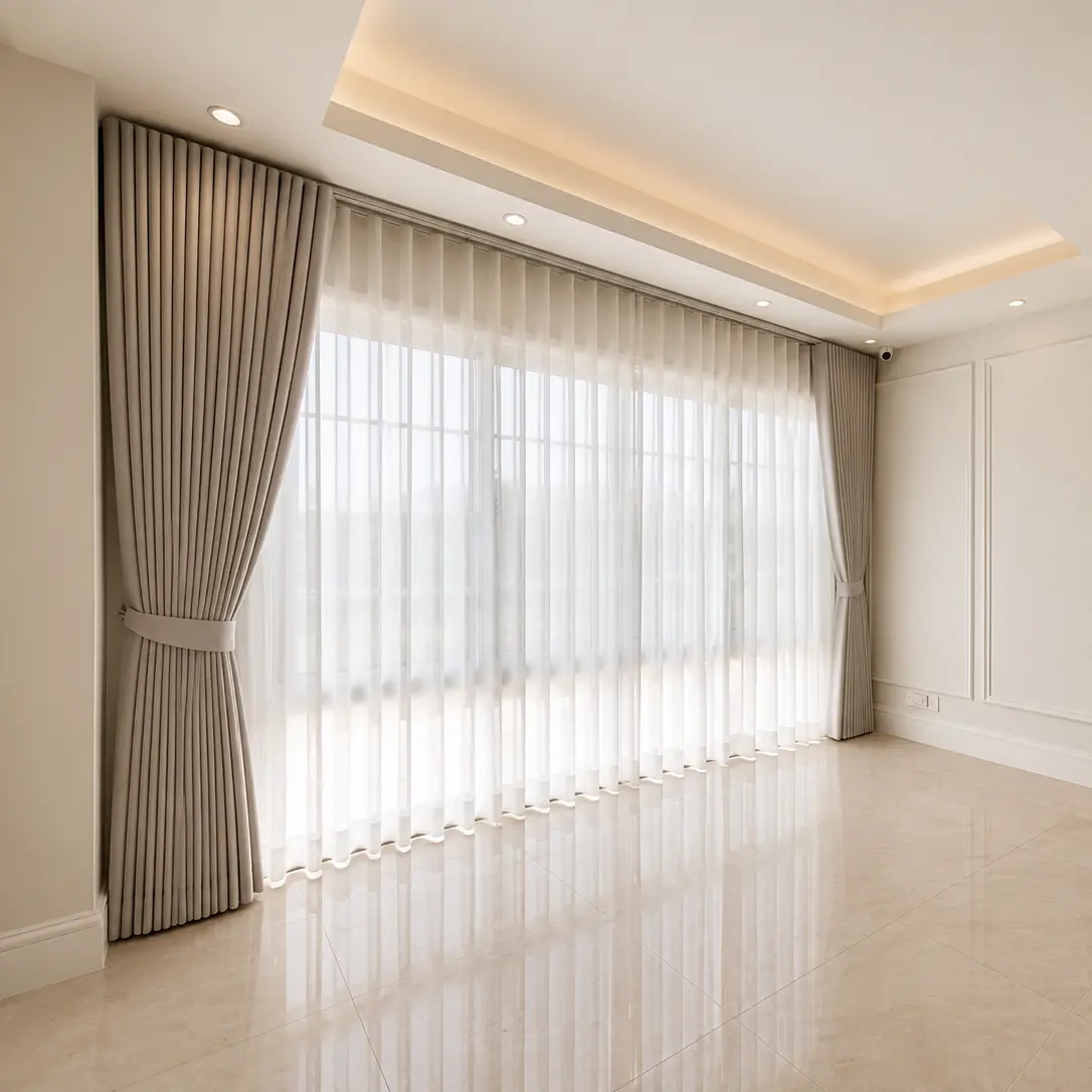Bright room with floor-to-ceiling sheer wave curtains and marble flooring