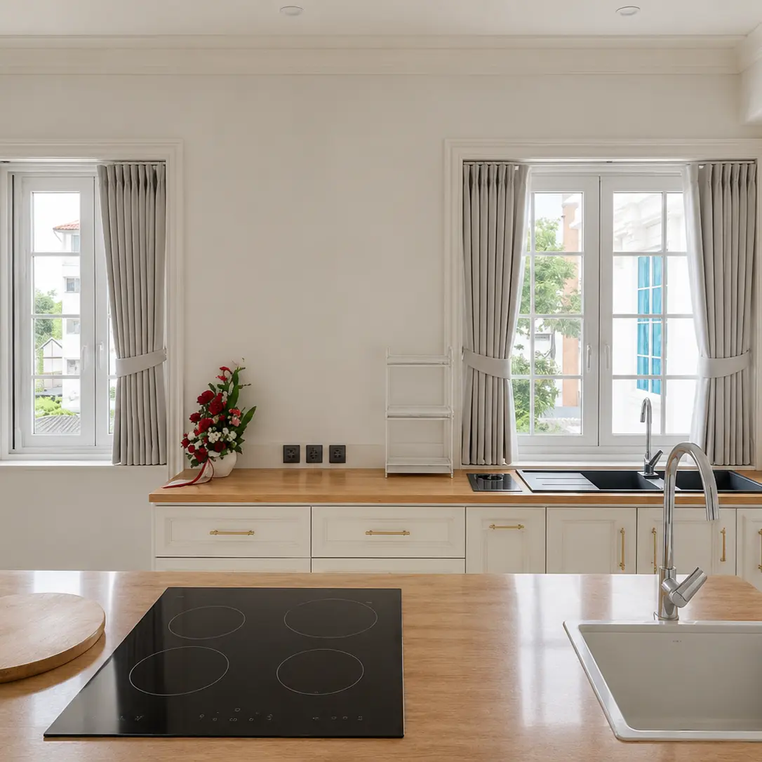 White kitchen with curtained windows and a black countertop island sink