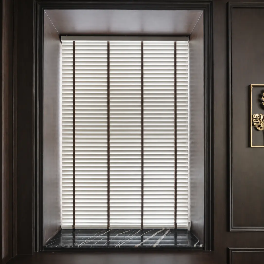 Close-up of white wood venetian blinds in a dark wood-paneled window nook