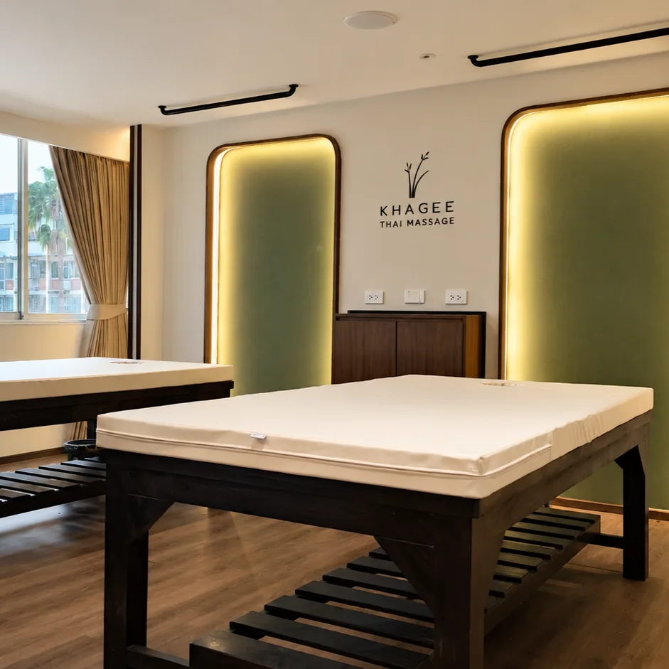 Massage room with two treatment beds beside a large window with open curtains