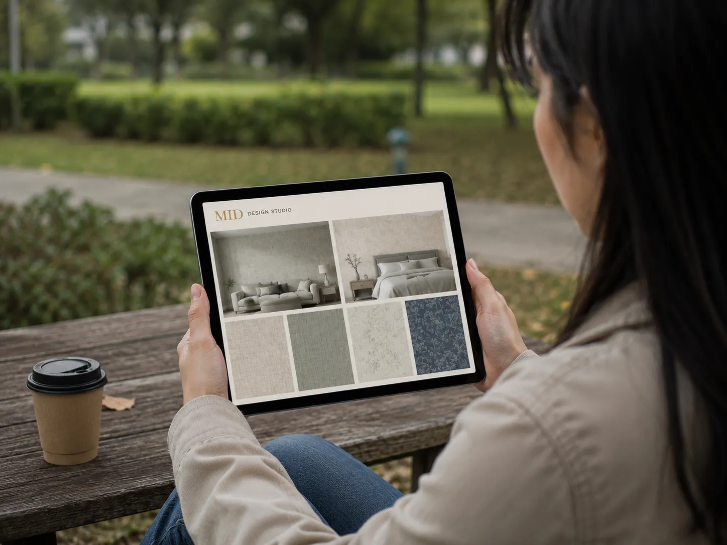 Woman browsing wallpaper style options on a tablet at a park