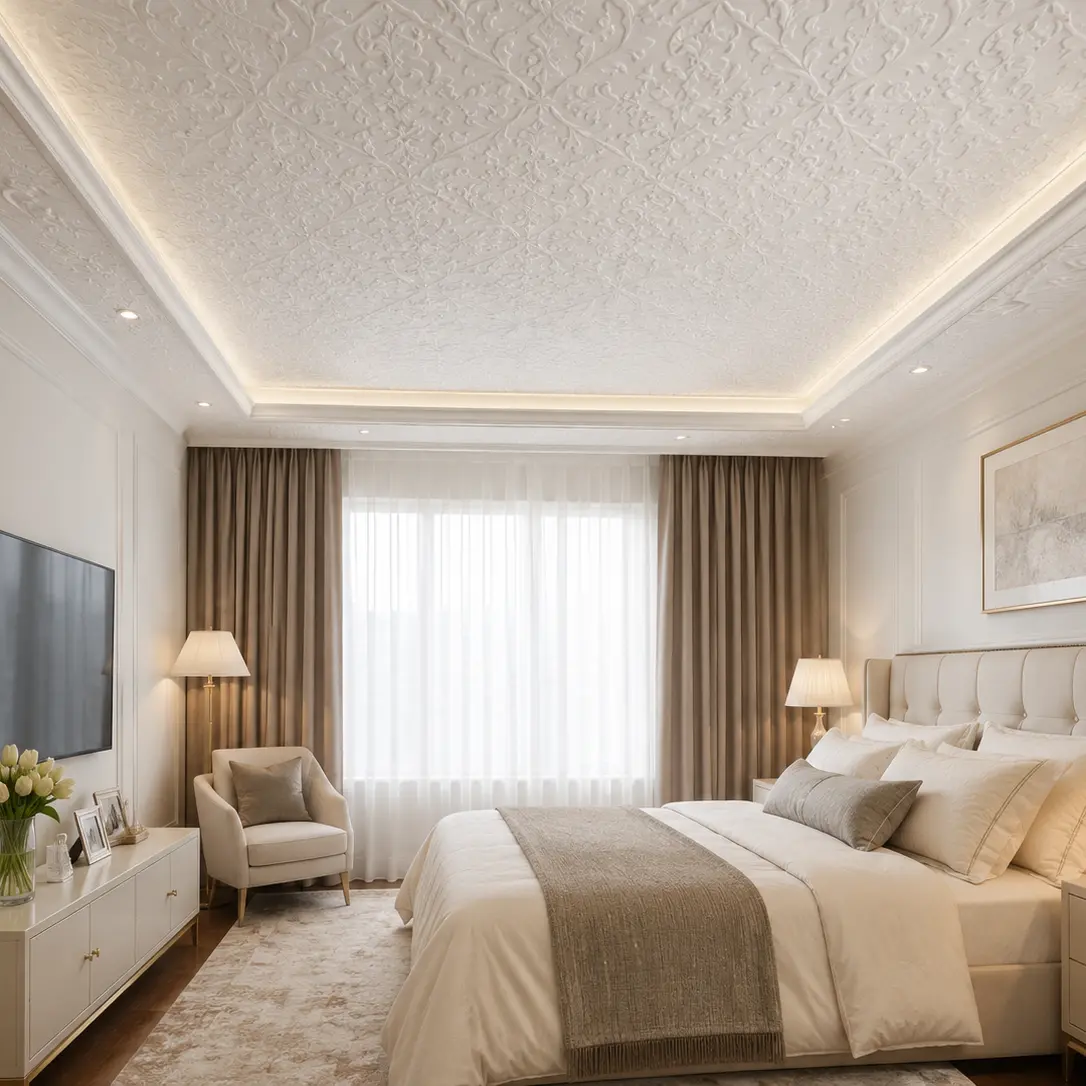 Wallpaper applied to a ceiling for added dimension