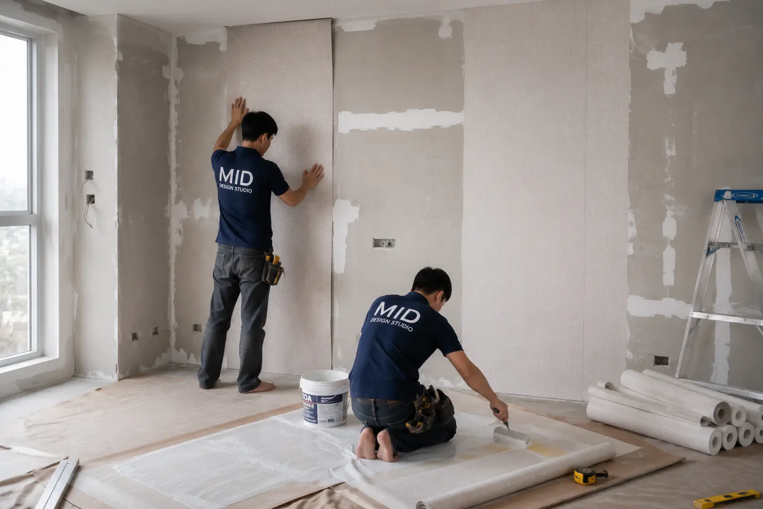 Wallpaper being installed on a wall